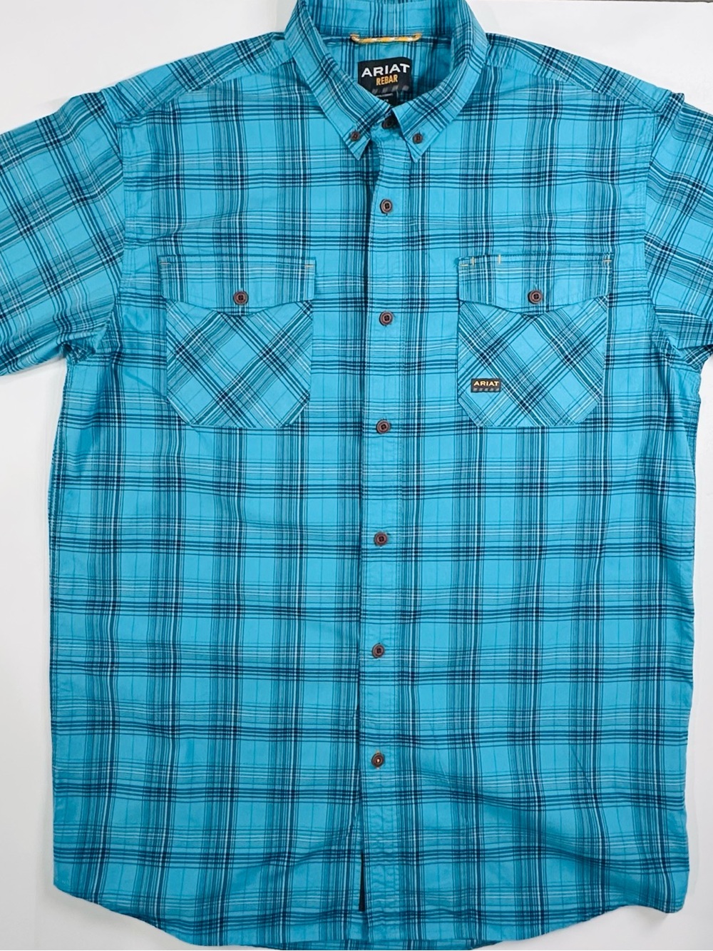 Ariat Rebar DuraStretch Plaid Short Sleeve Work Shirt Blue - Men's L